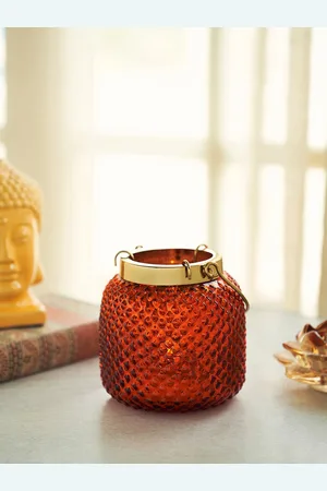 Pure Home and Living Orange-Color Dotted Glass Tea Light Holder