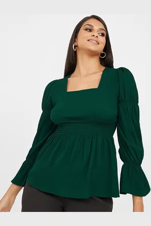 Styli Green Puff Sleeve Smocked Cinched Waist Top