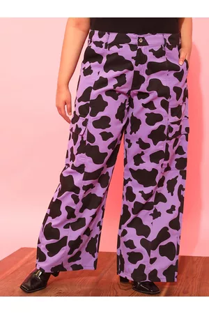 CURVY STREET Women Plus Size Lavender Printed Relaxed Straight Leg Pure Cotton Trousers