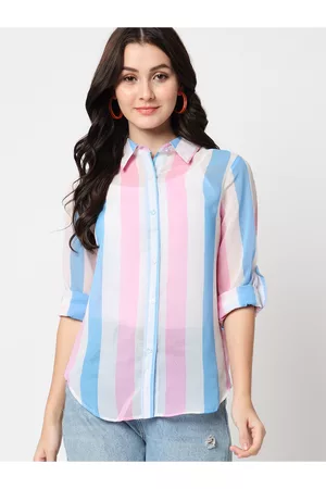 CHARMGAL Vertical Striped Spread Collar Roll-up Sleeves Classic Casual Shirt