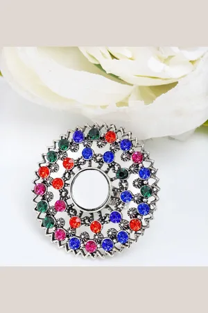 Sangria Silver-Plated Red & Blue Stone Studded Afghan Finger Ring