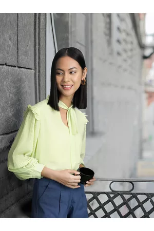 Sassafras Women Lime Green Solid Tie-Up Neck Ruffles Top