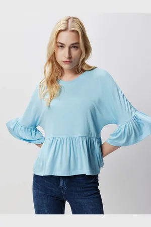 COVER STORY Blue Round Neck Bell Sleeve Peplum Top