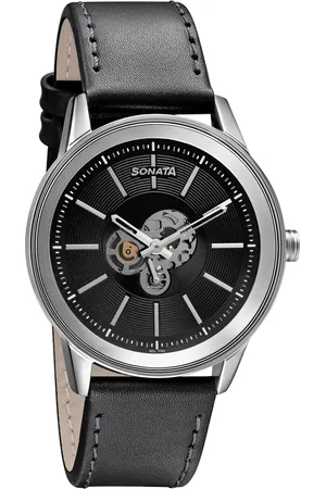 Sonata Men Black Brass Dial & Black Leather Straps Analogue Watch - 7133SL03-Black