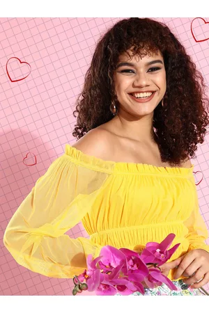 KASSUALLY Women Bright Yellow Solid Bardot Top