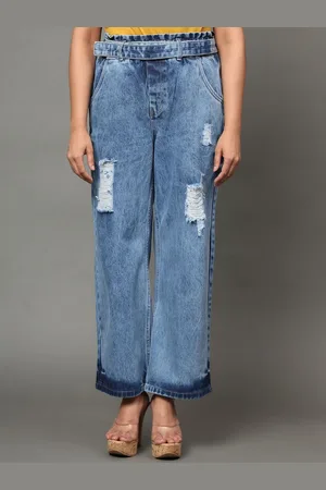 AngelFab Women Jean Wide Leg High-Rise Mildly Distressed Light Fade Jeans