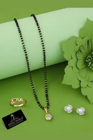 JEWEL WORLD Set Of 3 Gold-Plated Stone Studded & Beaded Mangalsutra & Earring With Ring