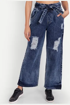 AngelFab Women Jean Wide Leg Mildly Distressed Jeans