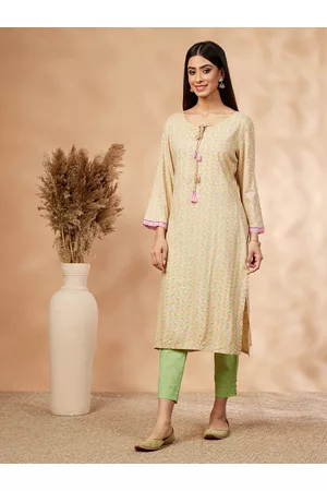 IMARA Floral Printed Tie Up Neck Straight Kurta