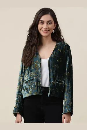 Fabindia Women Green Floral Crop Tailored Jacket