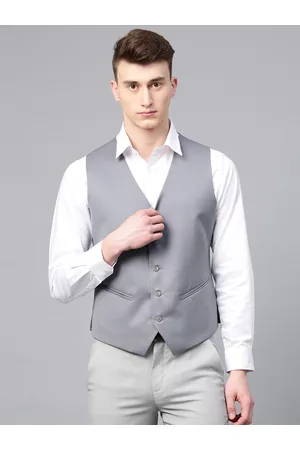 MANQ Men Grey Solid Slim Fit Single-Breasted Waistcoat