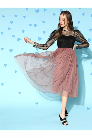 ATHENA Mauve & Black Colourblocked A-Line Midi Dress