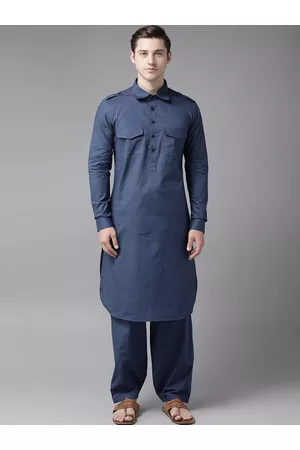 See Designs Men Navy Blue Pure Cotton Solid Pathani Kurta with Salwar