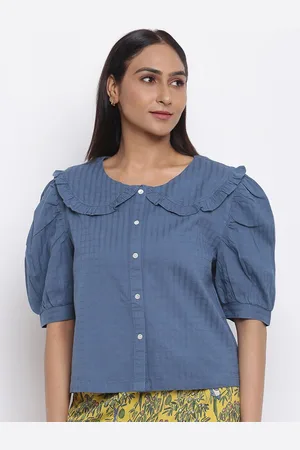 Fabindia Teal Peter Pan Collar Shirt Style Top