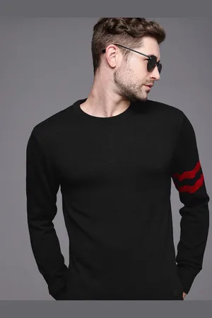 WROGN Men Black Solid Striped Sleeves Pullover Sweater