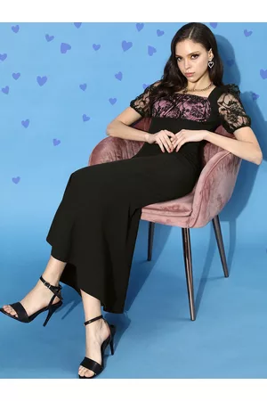 Miss Chase Women Black Solid Lacework and Sheer Dress
