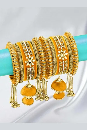 Peora Set Of 10 Gold-Toned & Yellow Designer Silk Thread Bridal Wedding Bangles