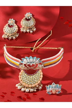 Zaveri Pearls Gold-Plated Kundan-Studded & Beaded Lotus Meenakari Jewellery Set