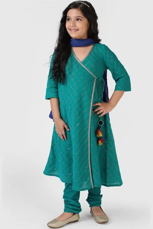 Fabindia Girls Teal Blue Printed Angrakha Pure Cotton Kurta with Churidar & Dupatta