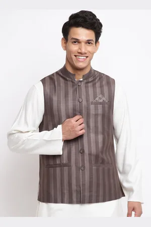 Fabindia Men Grey Mandarin Collar Striped Nehru Jackets