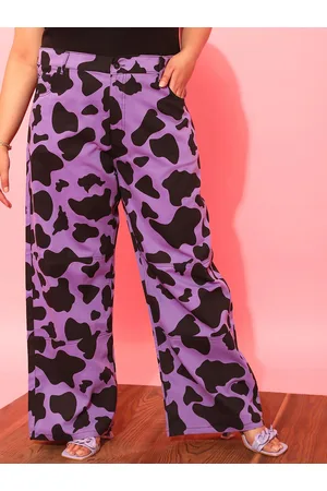 CURVY STREET Women Plus Size Lavender Printed Relaxed Straight Leg Pure Cotton Trousers