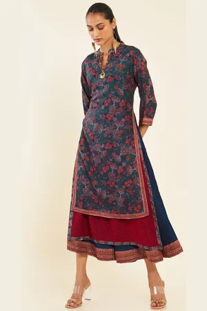 Soch Navy Blue Ethnic Motifs Printed Mandarin Collar Georgette A-Line Midi Ethnic Dress