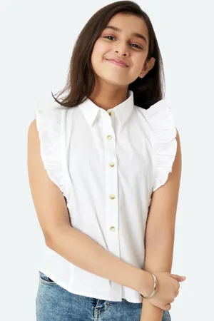 OLELÉ Girls Sleeveless Ruffles Detail Twill Weave Casual Shirt