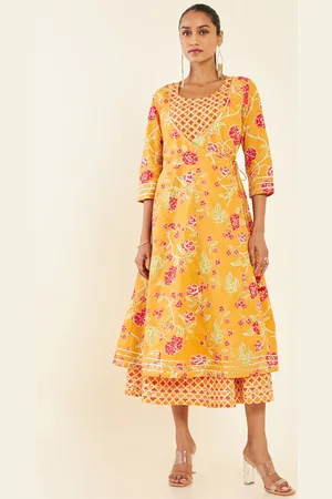 Soch Sea Green Floral Printed Cotton Fit & Flare Midi Ethnic Dress
