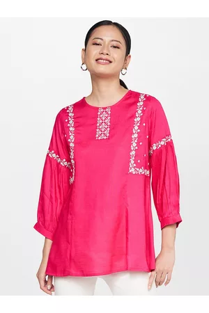 Global Desi Floral Embroidered Puff Sleeves Top