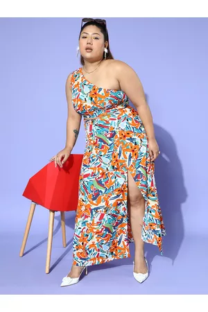 Berrylush Brushstroke Printed One-Shoulder Neck Thigh-High Slit Maxi Co-Ord Set