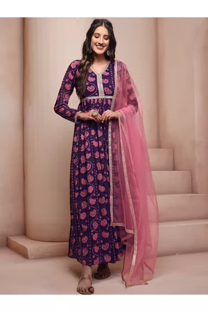 Inddus Pink & Blue Ethnic Motifs Printed Georgette Anarkali Kurta With Dupatta