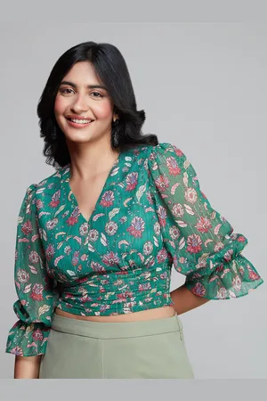 20Dresses Floral Printed V-Neck Smocked Bell Sleeves Chiffon Crop Top