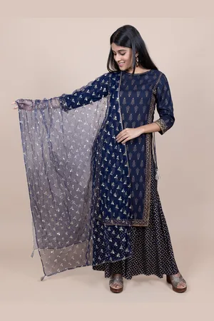 HERE&NOW Navy Blue & Gold-Toned Ethnic Motifs Embroidered Dupatta