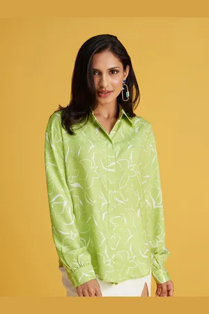 20Dresses Lime Green Floral Printed Satin Casual Shirt