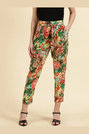 SHOWOFF Women Comfort Fit High-Rise Floral Printed Trousers With A Belt
