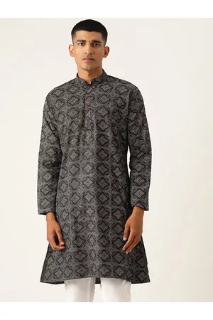 Armaan Ethnic Block Printed Mandarin Collar Cotton Linen Straight Kurta
