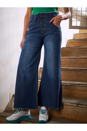 KASSUALLY Women Blue Mid-Rise Light Fade Mildly Distressed Flared Denim Fit Jeans