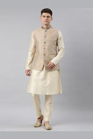 TheEthnic.Co Mandarin Collar Brocade Kurta with Pyjamas & Nehru Jacket