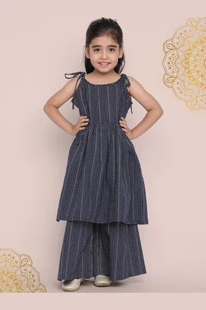 Indo Era Girls Navy Blue Striped A-Line Kurta With Sharara