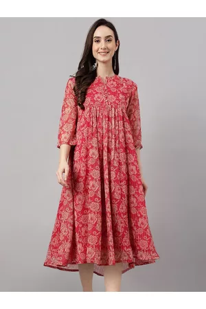 Janasya Chiffon Lurex Floral Printed Flared Dress