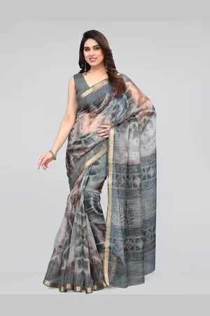 Kalini Grey & Brown Tie And Dye Zari Block Print Saree