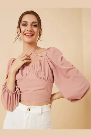 Rare Fashion Peach Gathered Puff Sleeve Tie-Up Neck Crop Top
