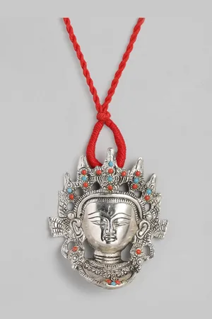 EL REGALO Silver-Toned & Red Durga German Silver Temple Necklace