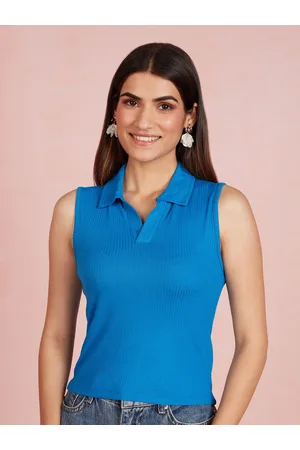20Dresses Blue Shirt Collar Sleeveless Ribbed Top
