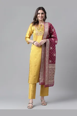RAJGRANTH Yellow & Pink Yoke Design Tie Up Neck Thread Work Kurta With Trousers & Dupatta