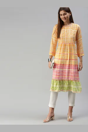 Global Desi Women Yellow & White Checked A-Line Kurta