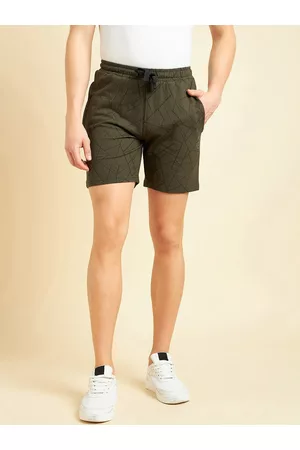 Sweet Dreams Men Olive Green Geometric Printed Mid-Rise Rapid Dry Cotton Shorts