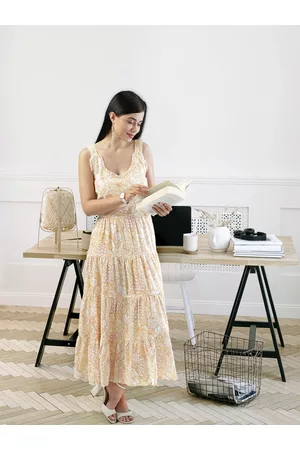 Fabindia Yellow & Off White Floral Print Tiered Pure Cotton A-Line Midi Dress
