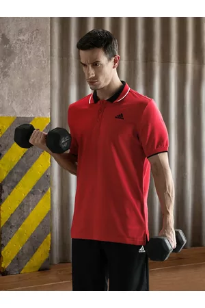 adidas Men Red Solid ESS Core Polo Pure Cotton Training Pure Cotton T-shirt