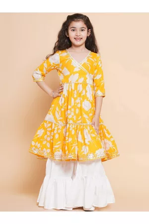 Bhama Girls Floral Printed Angrakha Gotta Patti Pure Cotton Kurta with Sharara